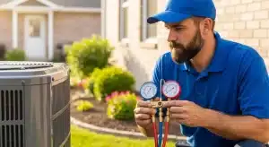 HVAC technician checking an outdoor air-conditioning unit with dual pressure gauges connected by red and blue hoses