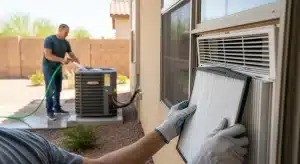 Gloved hands inserting a clean air filter into a window AC unit, while another technician sprays down the outdoor condenser in the background
